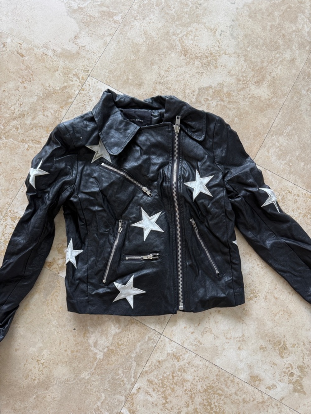 Olivaceous Black Faux Leather Jacket with Silver Stars